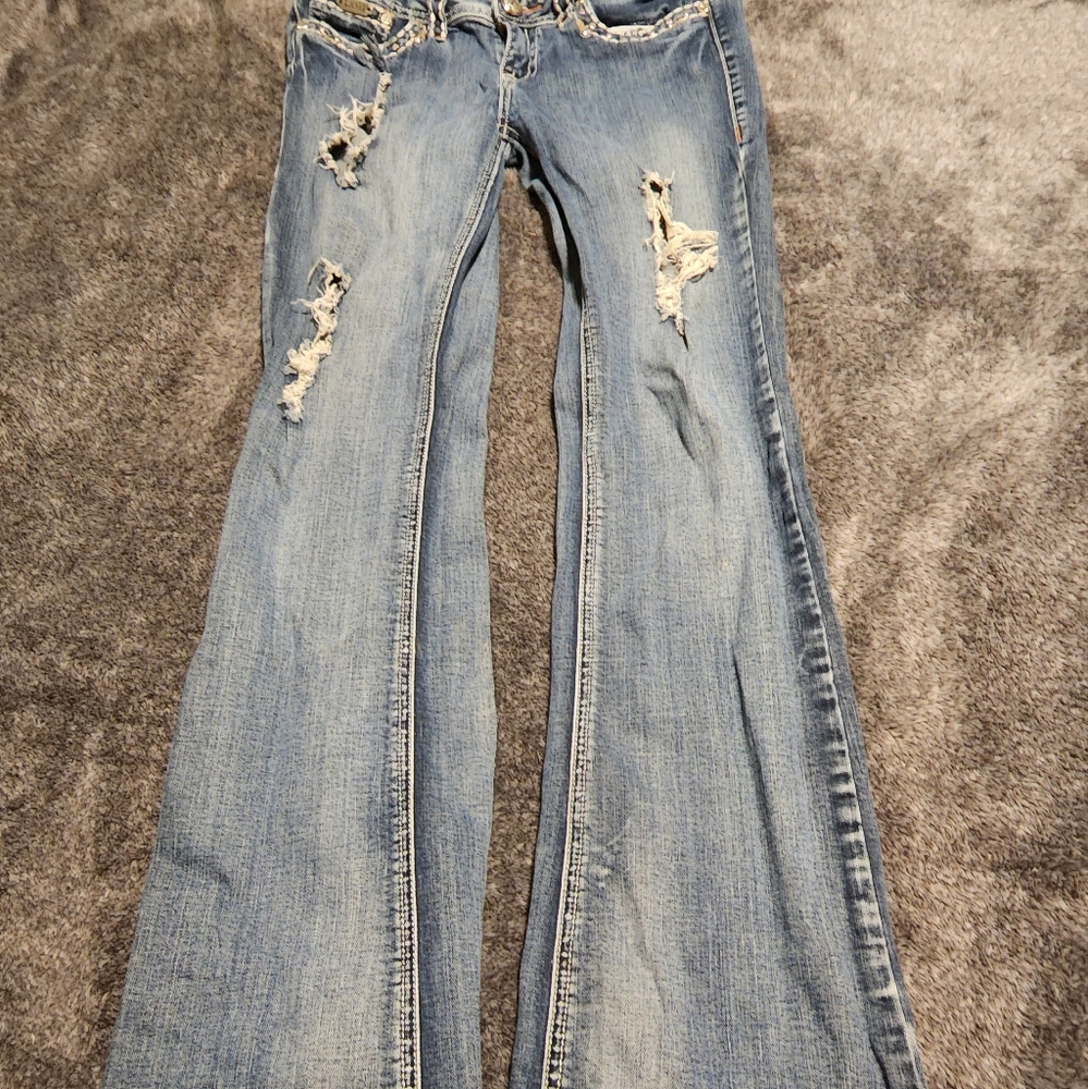 La Idol Usa Distressed Jeans With Rhinestone And Embroidered, Womens 9 31w X 34"